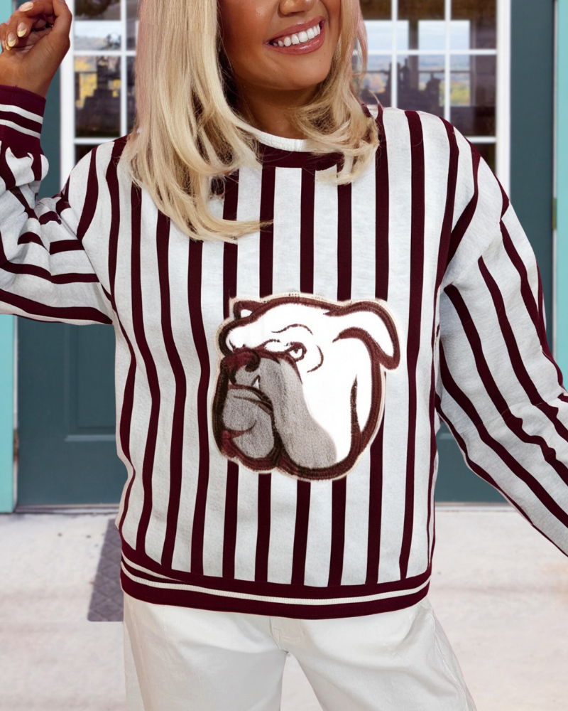 Bulldog Embroidered Striped Sweatshirt