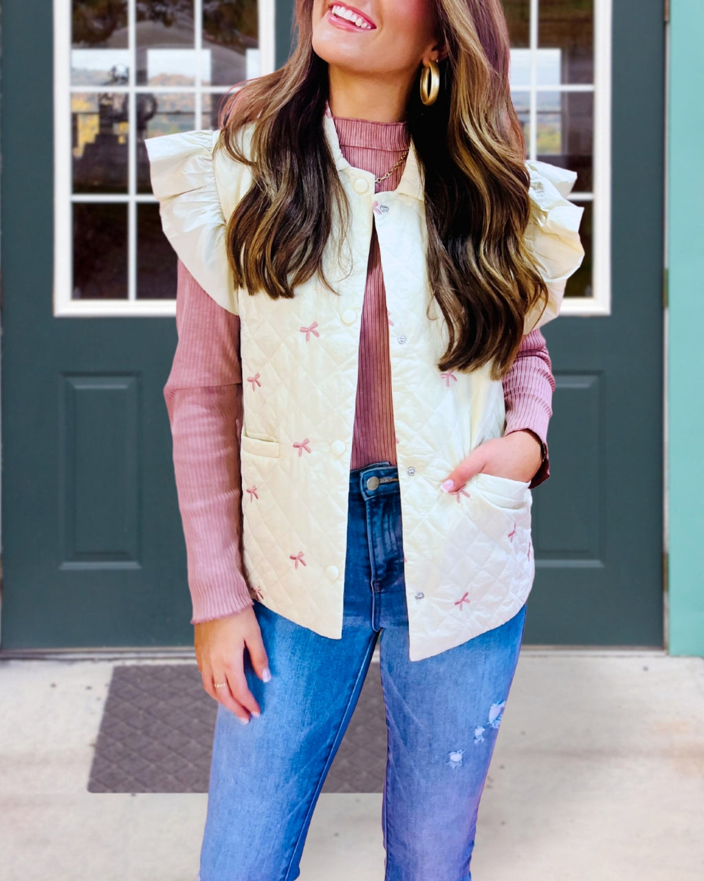 Embroidered Bow Quilted Vest