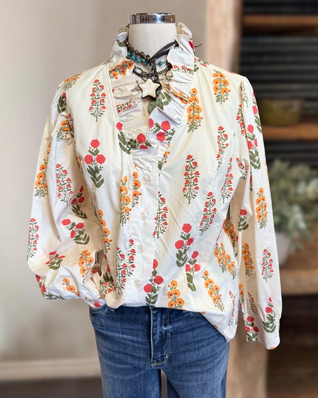 Satin Bouquet Ruffle Blouse