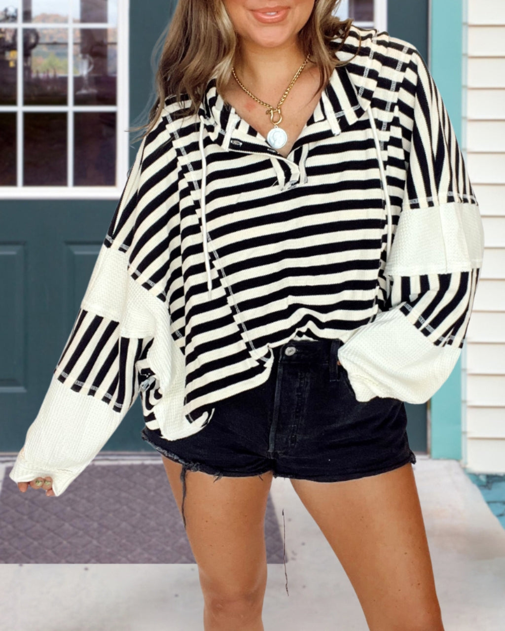 Misaligned Stripe Waffle Hoodie