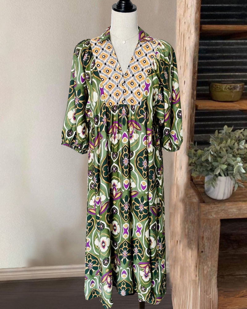 Unique Floral Pleated V-neck Dress