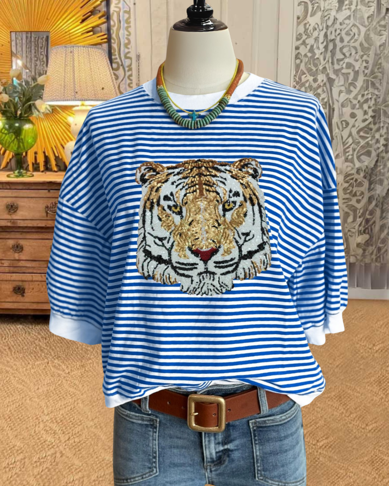 Tiger Sequins Striped Tee