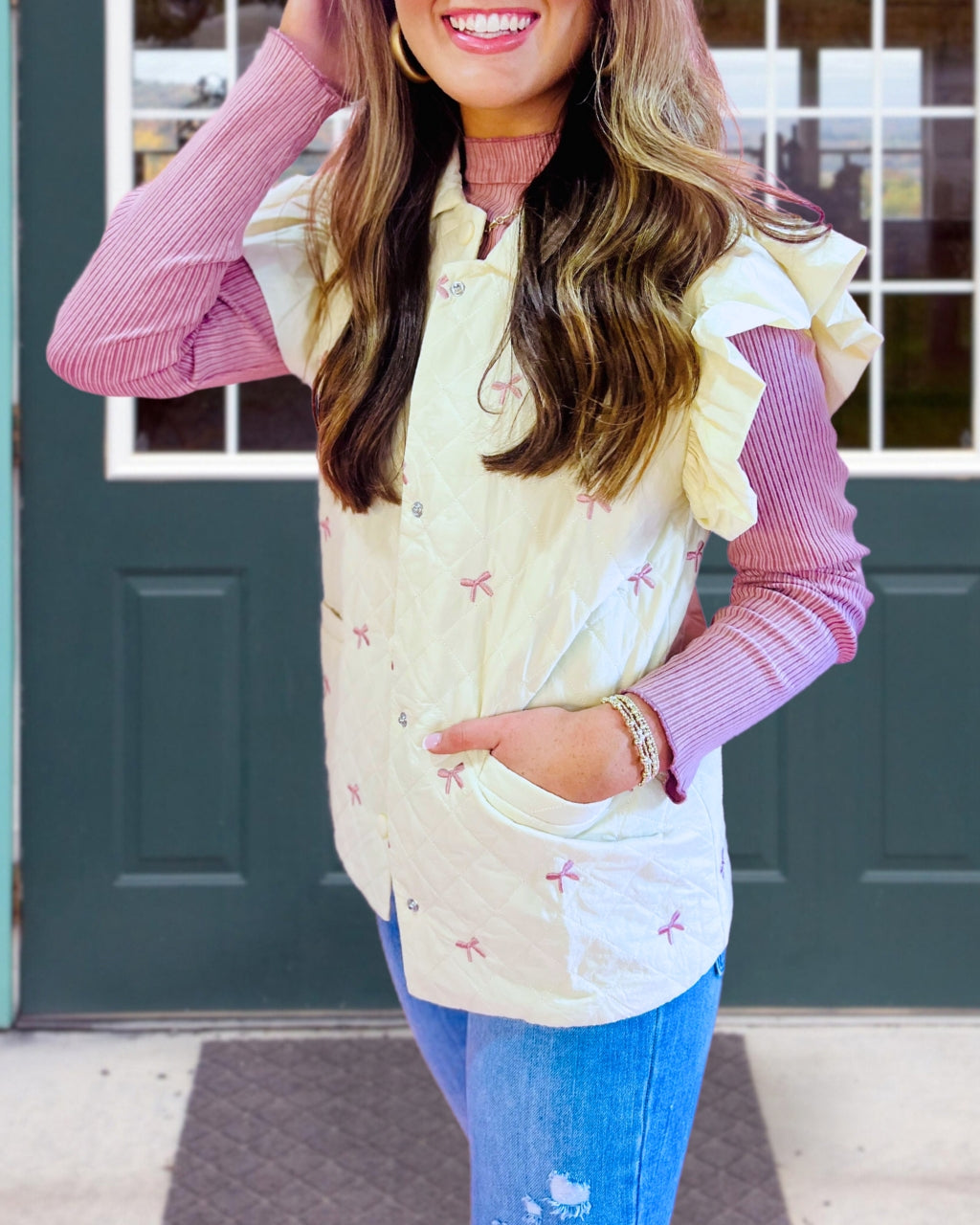 Embroidered Bow Quilted Vest