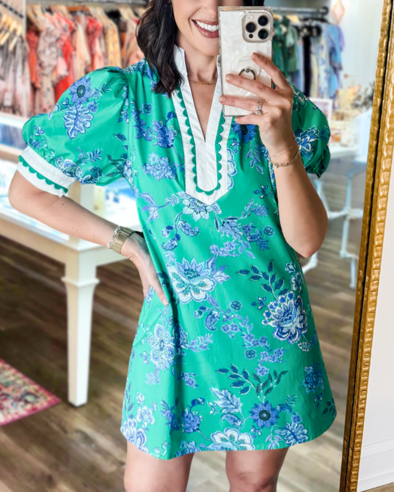 Floral Embroidered Wavy Trim Dress