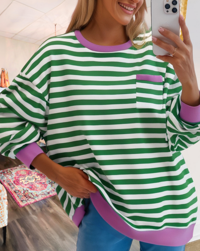 Striped Contrast Ribbed Trim Sweatshirt