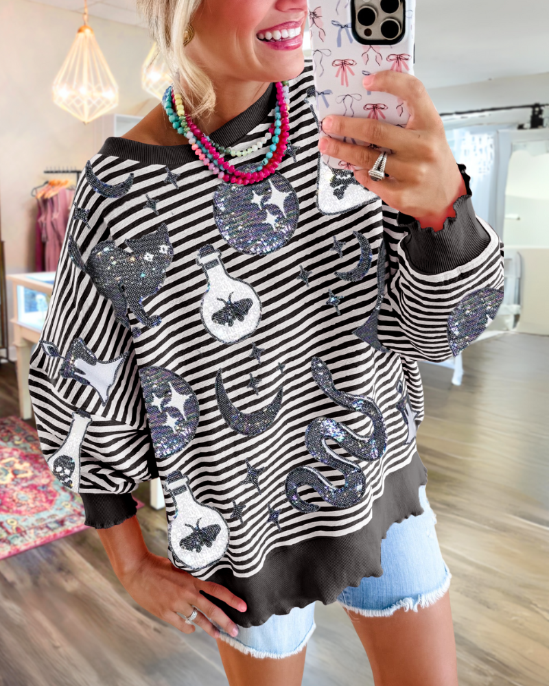 Mixed Pattern Sequin Stripe Sweatshirt