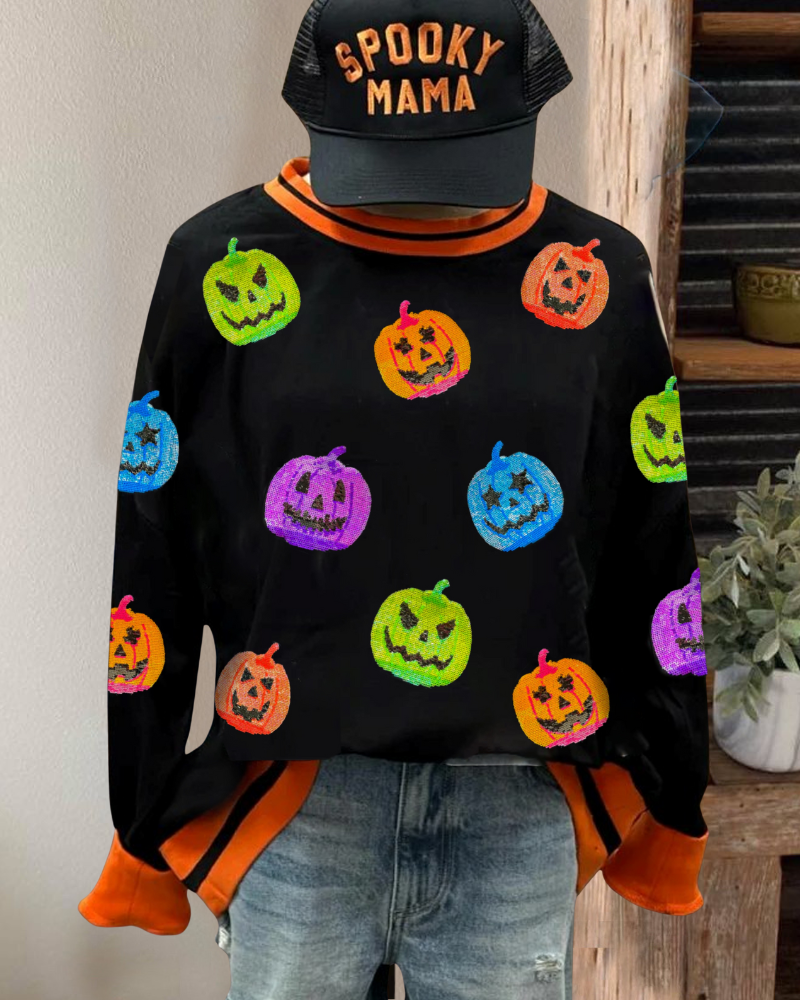 Pumpkin Sequin Stripe Trim Sweatshirt