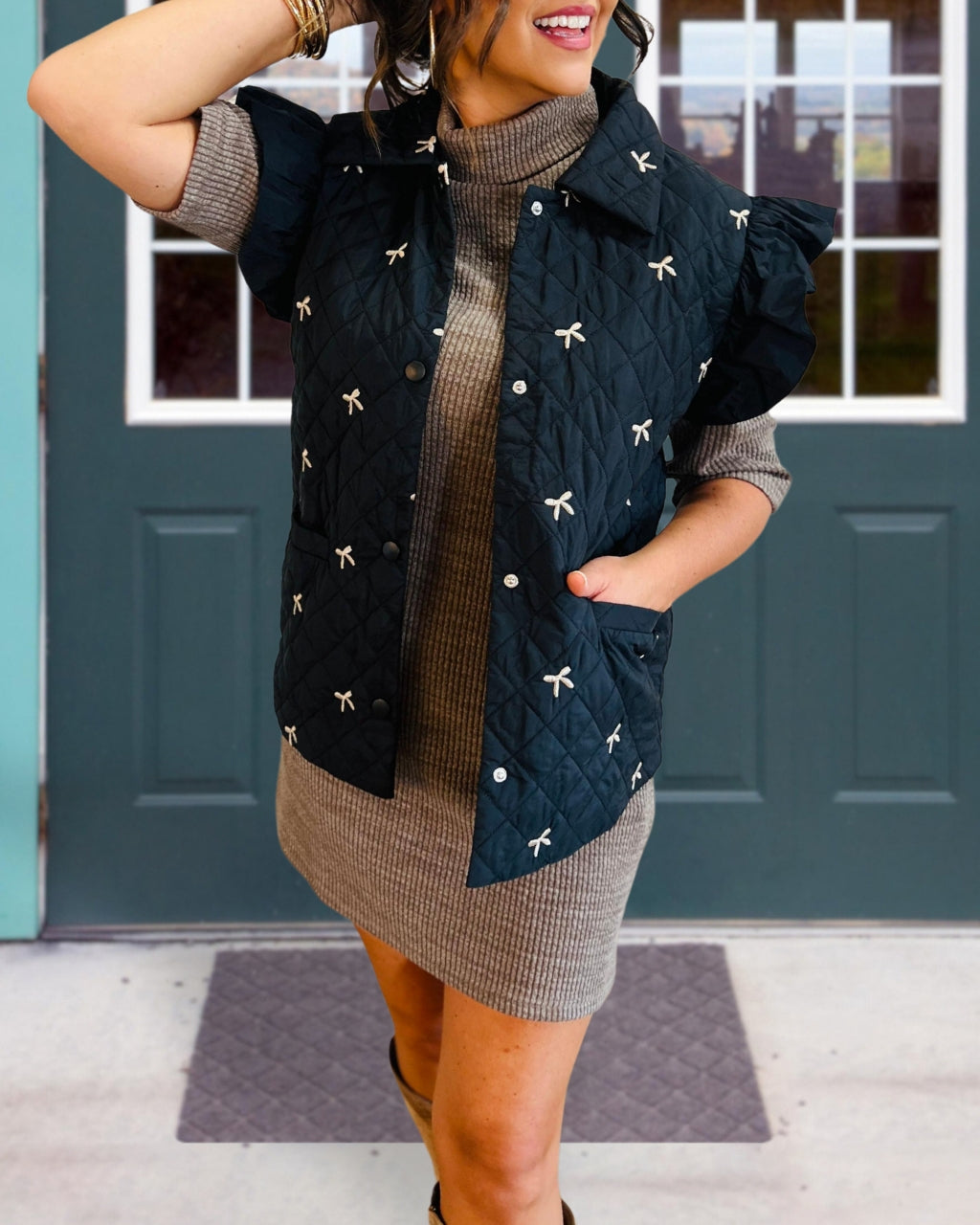 Embroidered Bow Quilted Vest