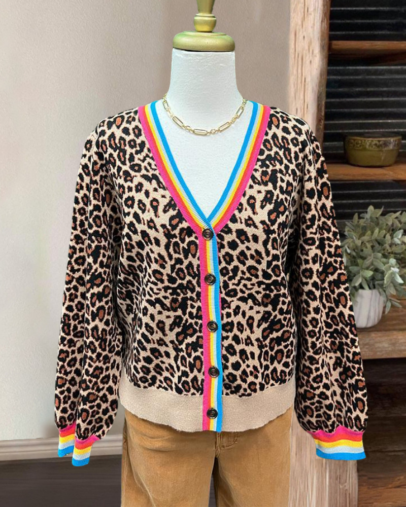 Leopard Stripe Trim Cardigan Sweater