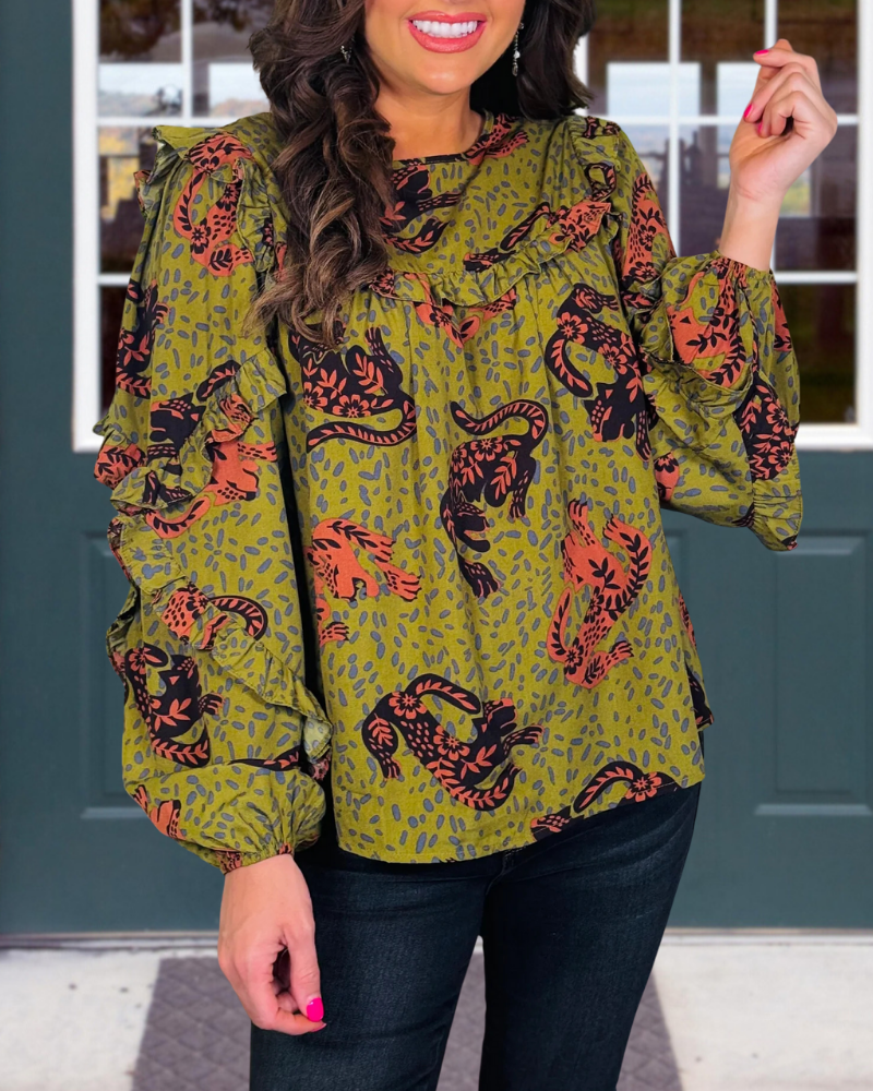 Unique Animal Print Ruffle Top