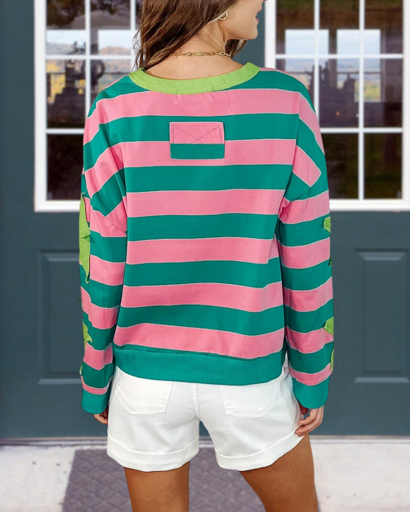 Star Patch Colorblock Striped Sweatshirt