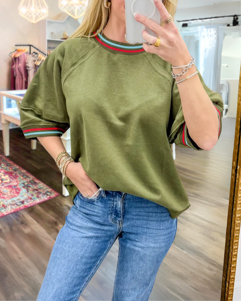 Striped Ribbed Trim Crewneck Top