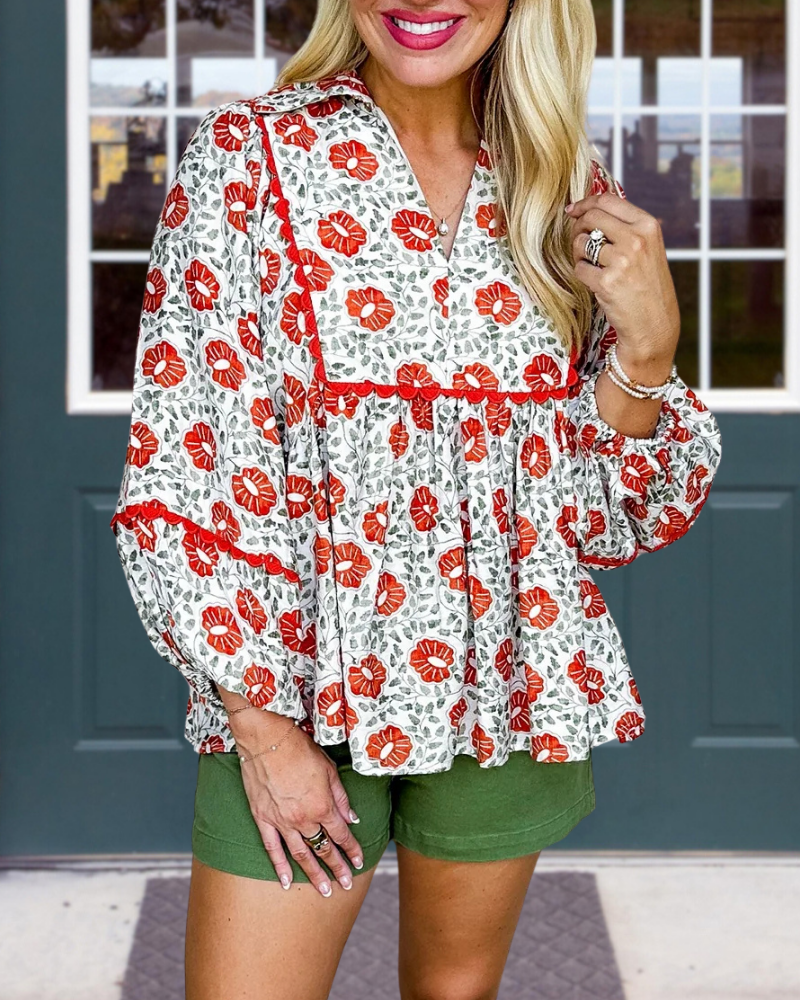 Chic Floral Leaf Puff Sleeve Top