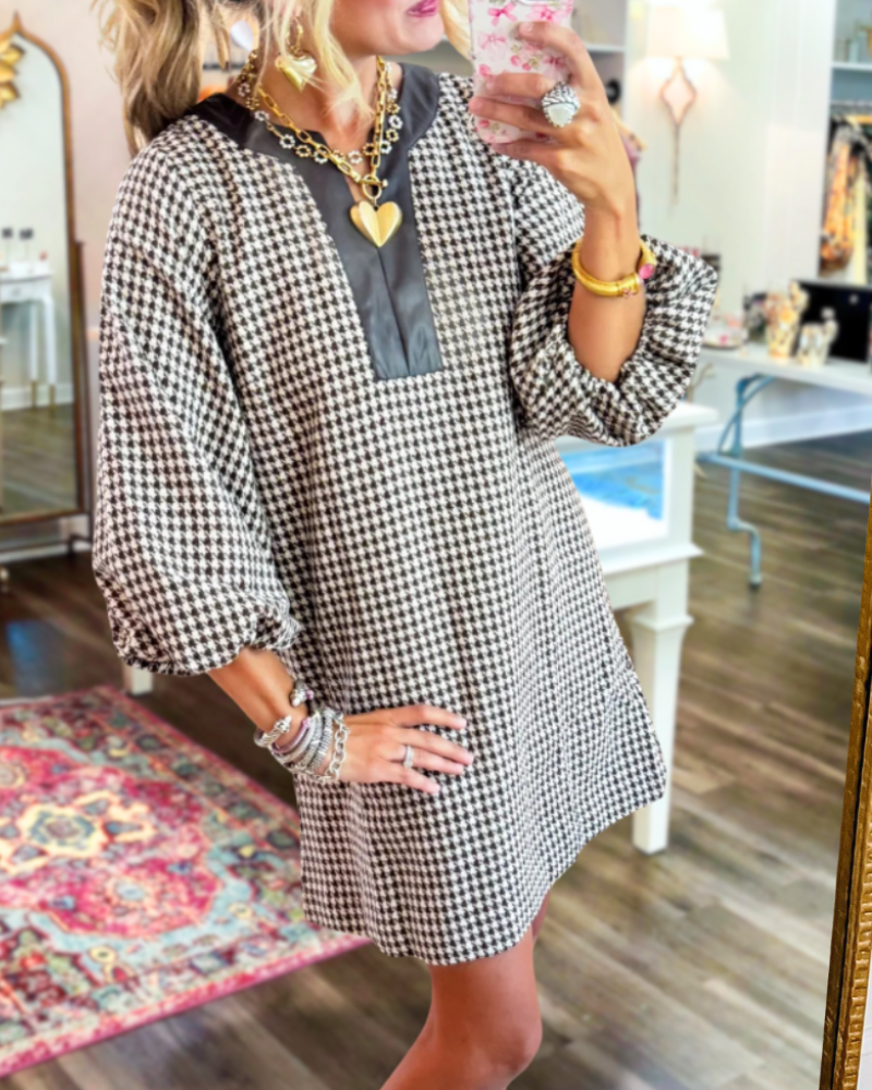 Woolen Houndstooth Puff Sleeve Dress