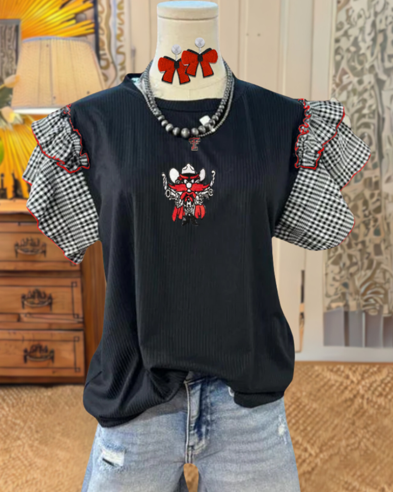 Red Raiders Embroidered Ruffle Plaid Top