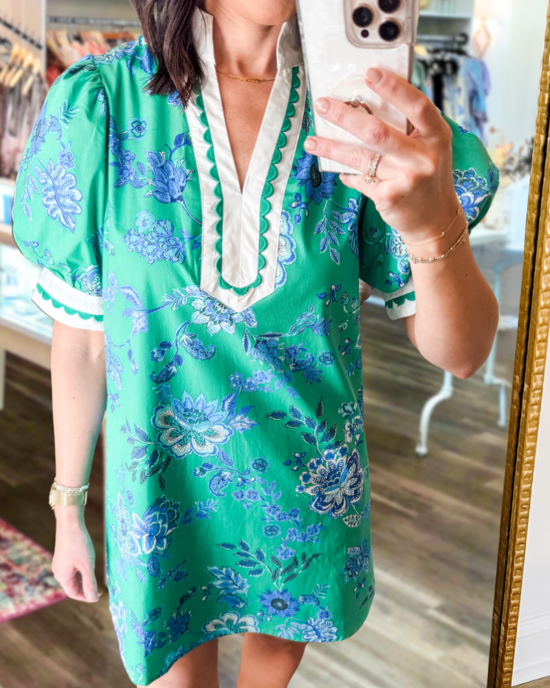 Floral Embroidered Wavy Trim Dress