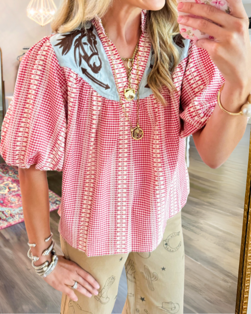 Chic Embroidered Horse Check Top
