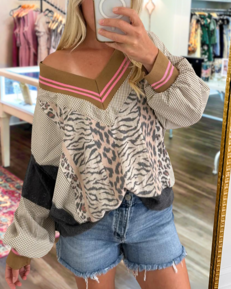 Leopard Check Patchwork Pullover