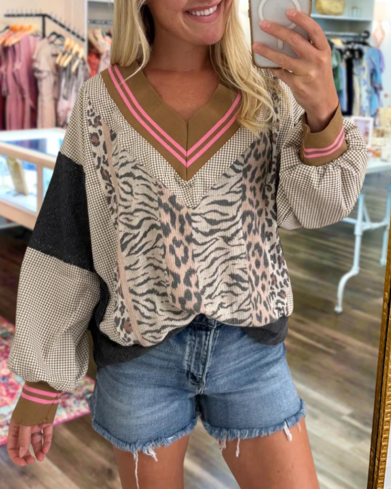 Leopard Check Patchwork Pullover