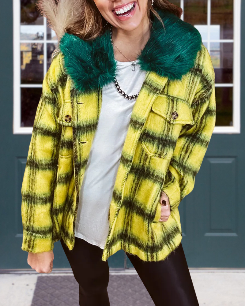 Unique Fur Collar Plaid Woolen Coat