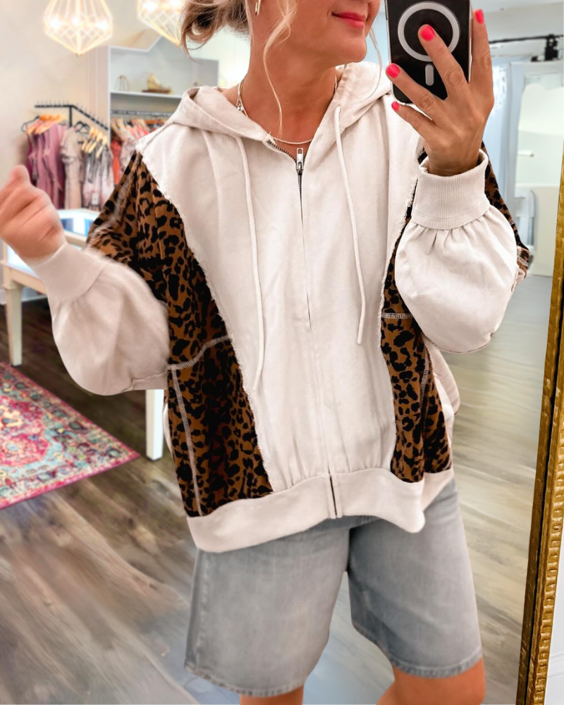 Leopard Patchwork Zip-Up Hooded Jacket