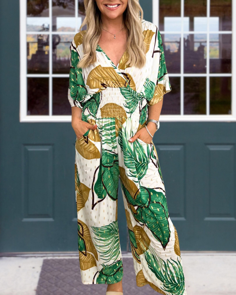 Tropical Pleated V-Neck Jumpsuit