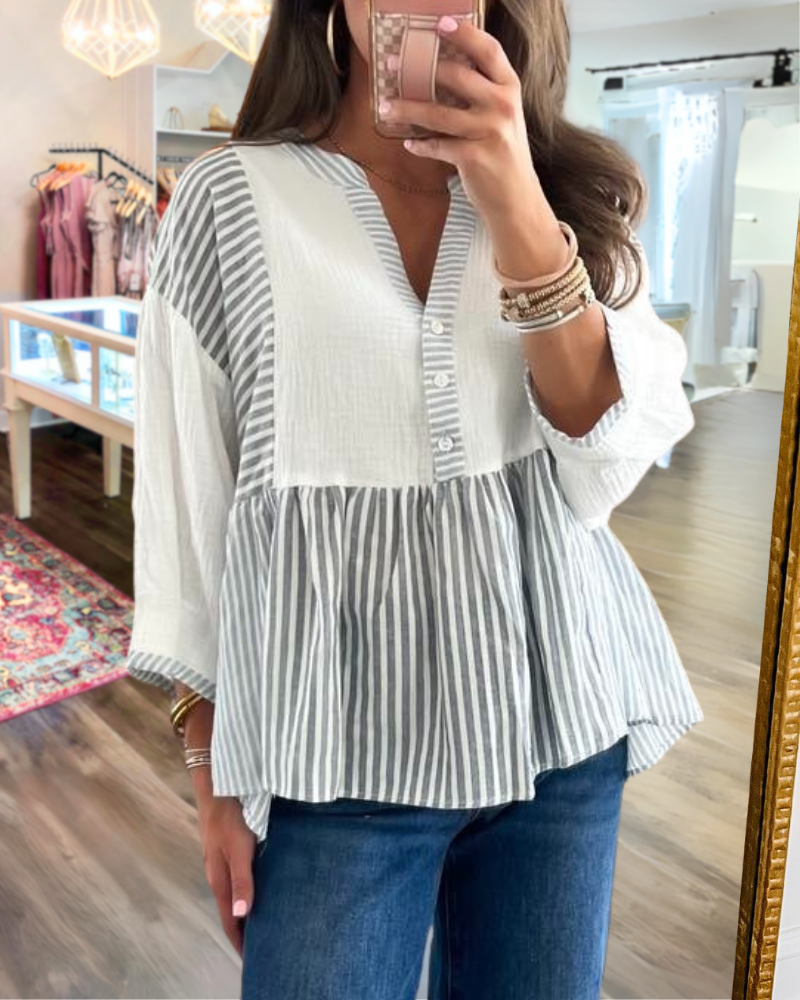 Striped Half-Button Open Collar Top