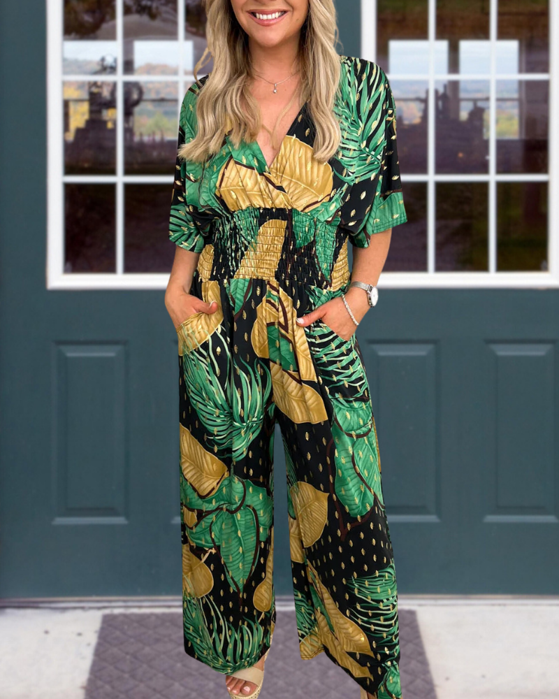 Tropical Pleated V-Neck Jumpsuit