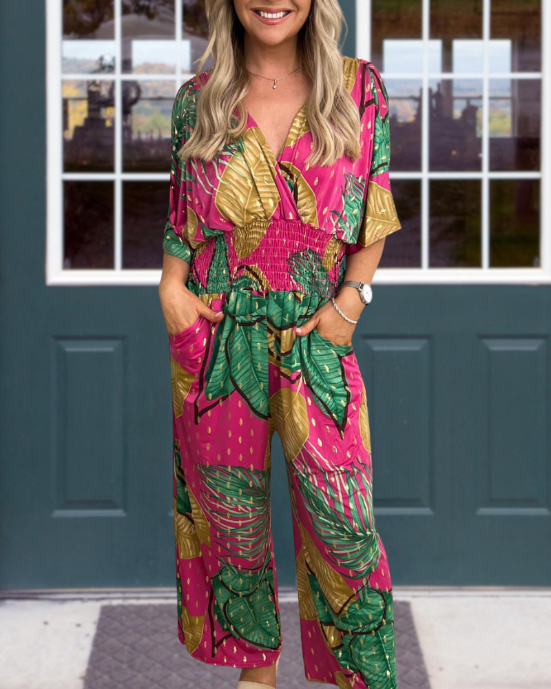 Tropical Pleated V-Neck Jumpsuit