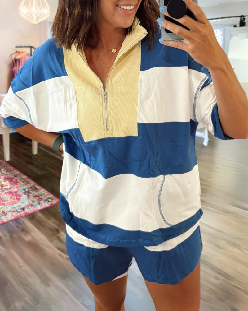 Colorblock Half-Zip Shorts Set
