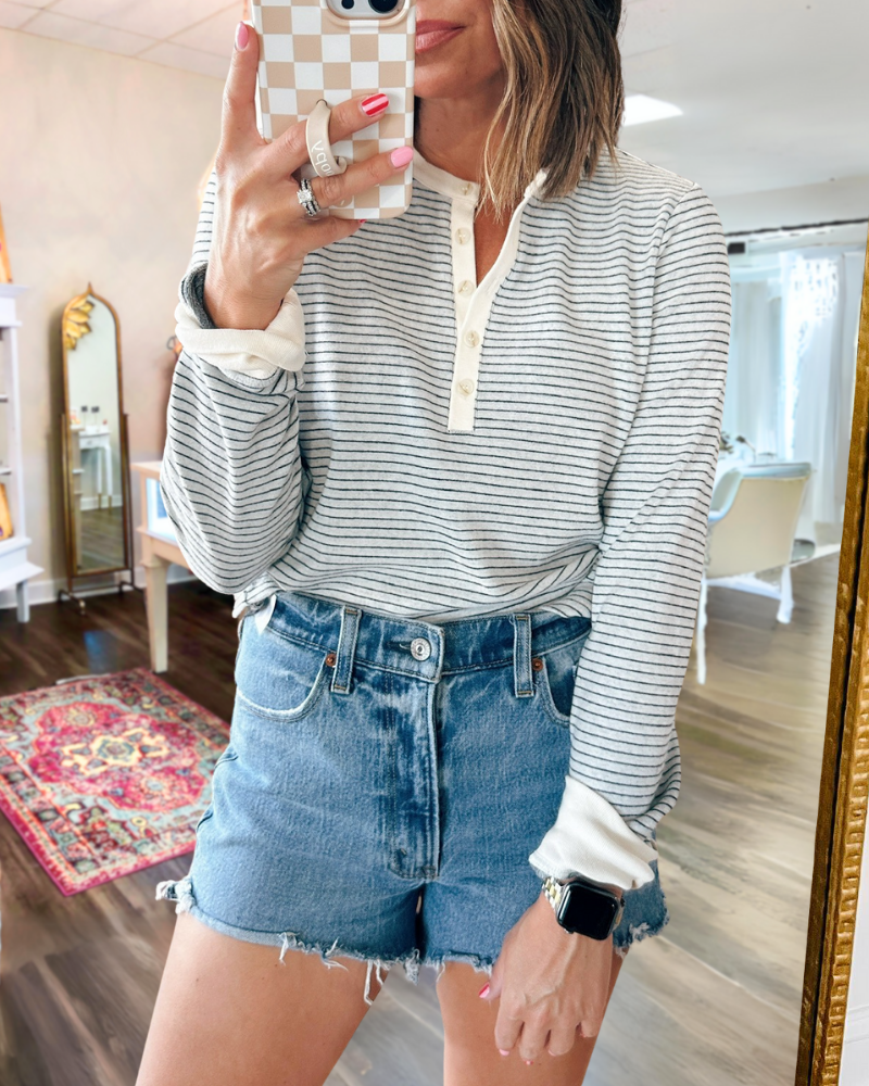 Simple Striped Half Collar Button Top