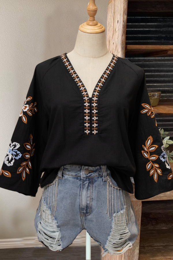 Boho Floral Embroidered  Top