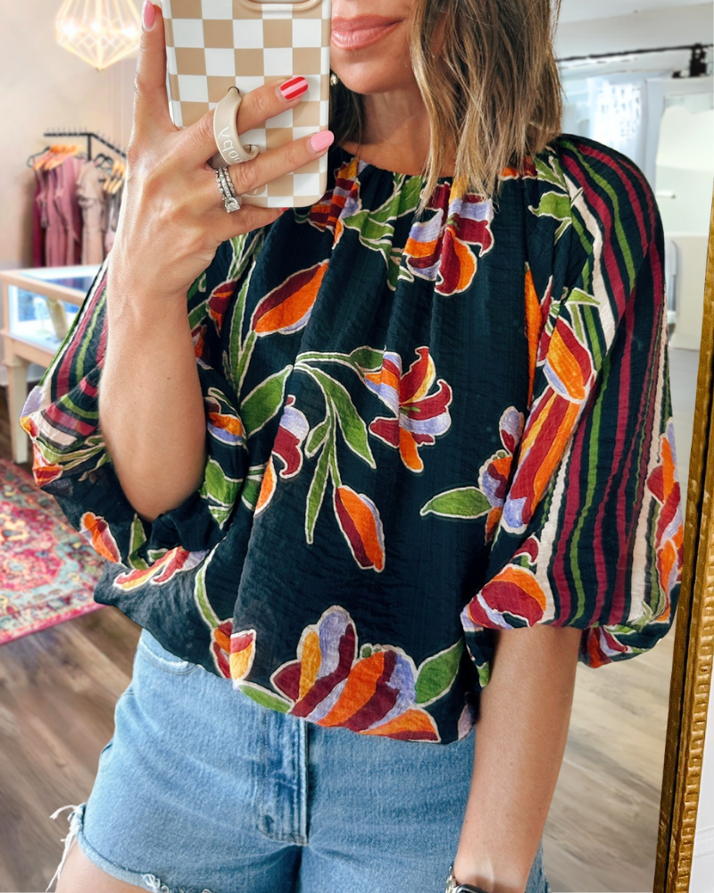 Floral Stripe Puff Sleeve Top