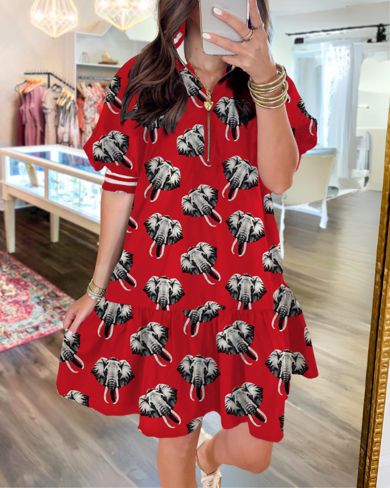 Elephant Striped Trim Half-Zip Dress