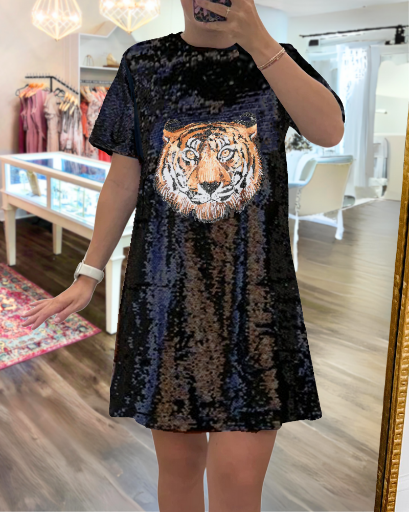Shiny Tiger Sequined Crewneck Dress