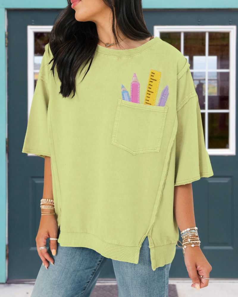 School Supplies Embroidered Pocket Top