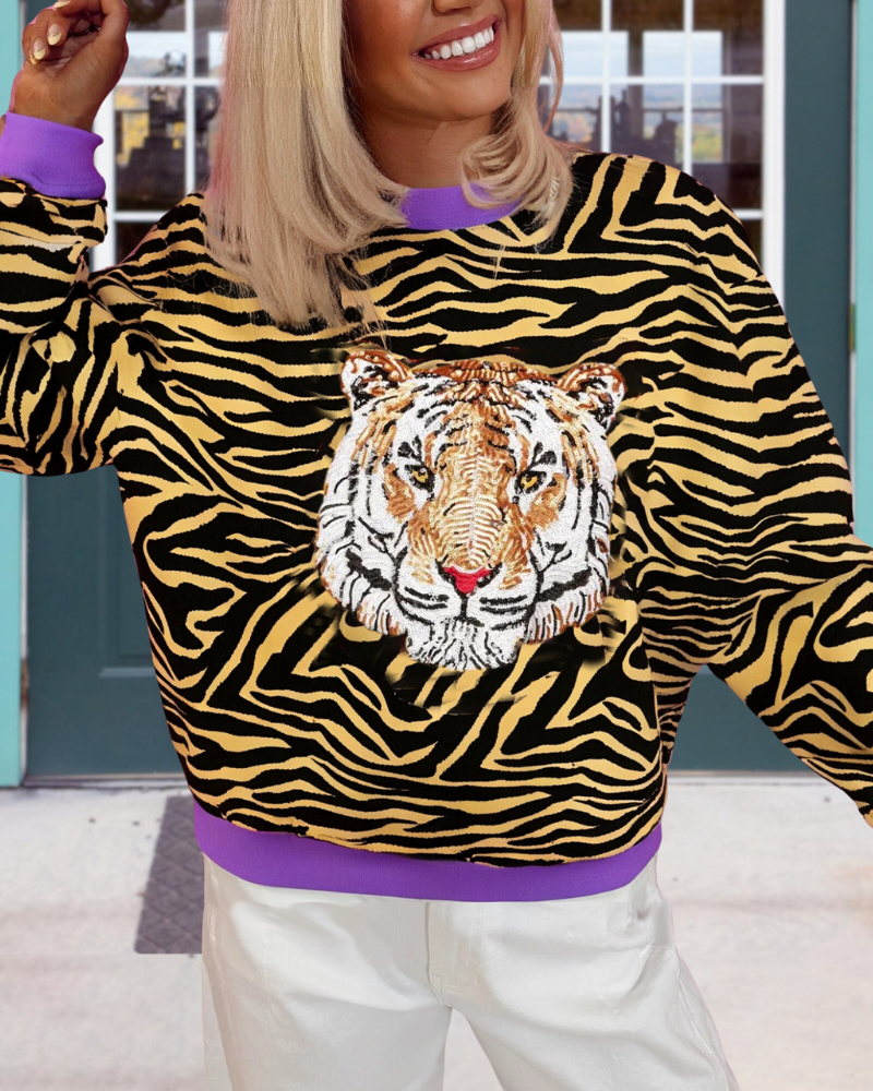 Fantasy Striped Tiger Sequined Sweatshirt