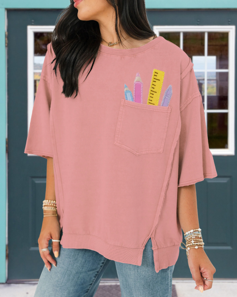 School Supplies Embroidered Pocket Top