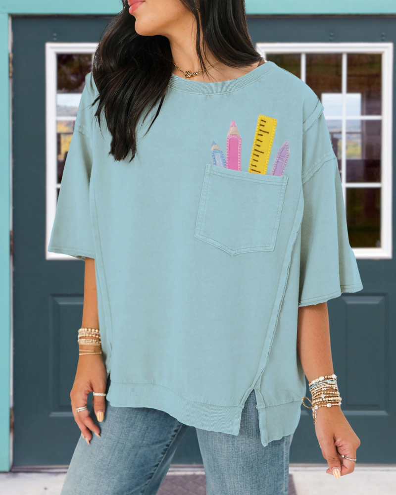 School Supplies Embroidered Pocket Top