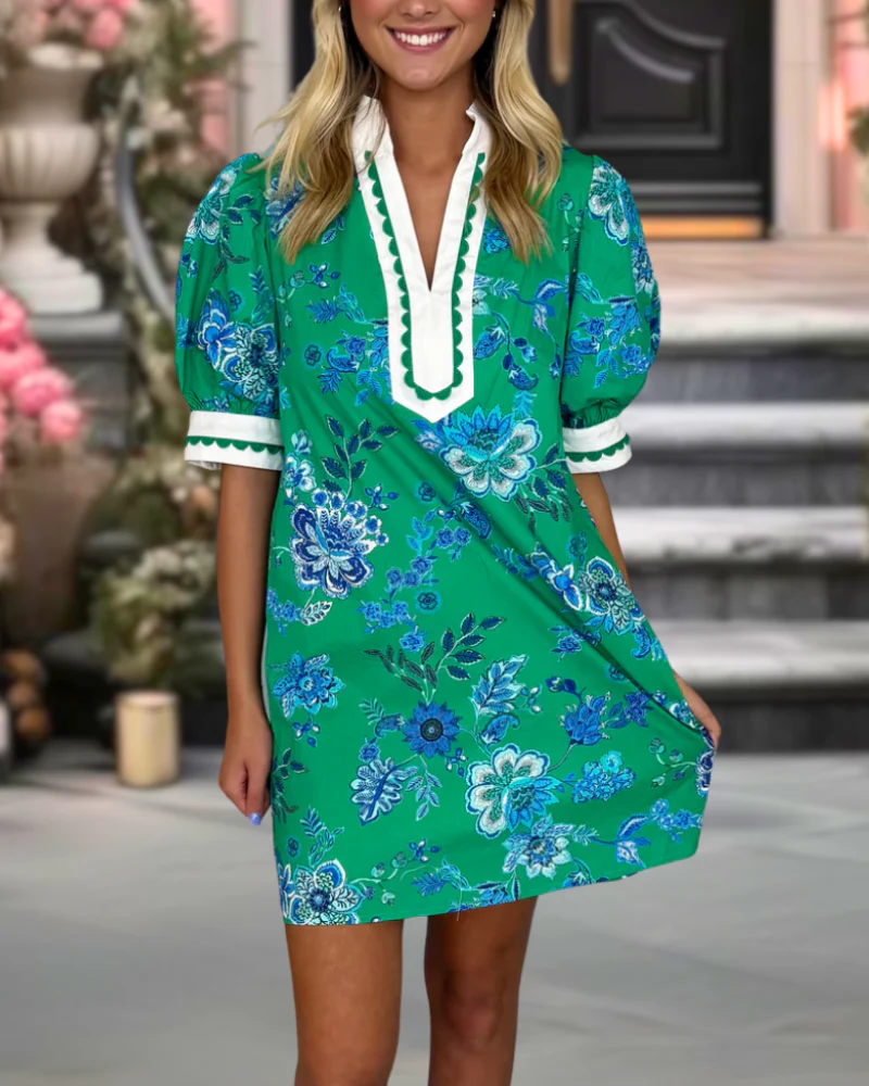 Floral Embroidered Wavy Trim Dress
