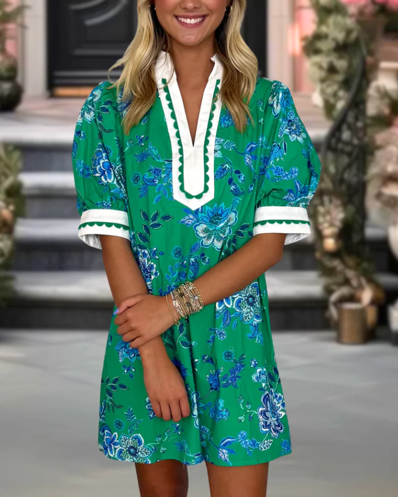 Floral Embroidered Wavy Trim Dress