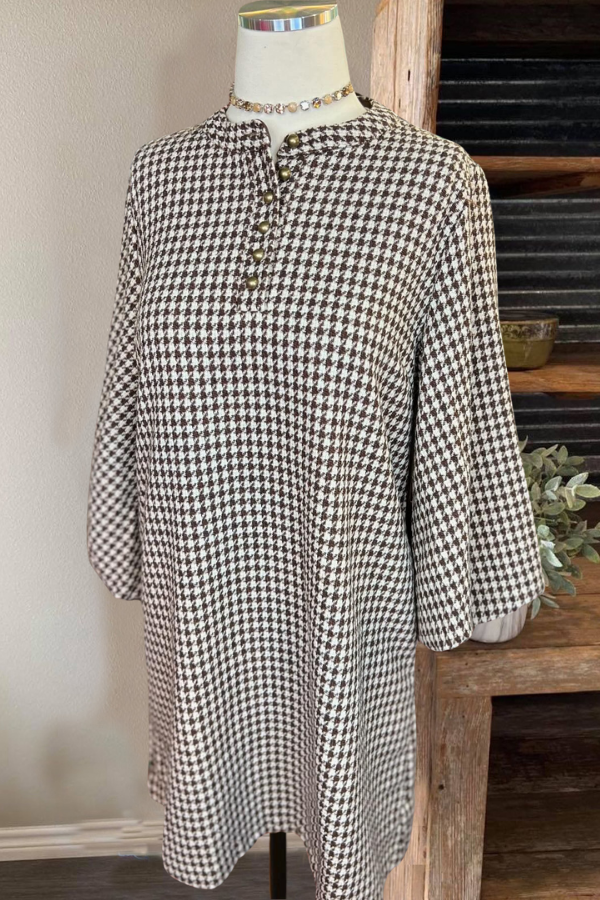 Henley Neck Houndstooth Dress