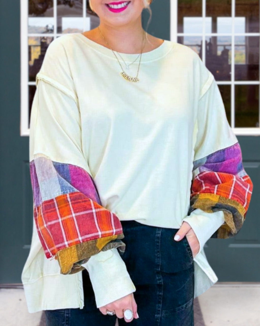 Plaid Patchwork Sleeve Pullover