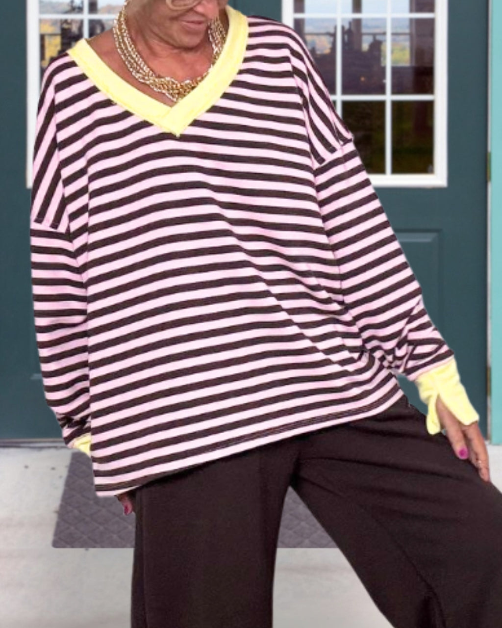 Slouchy V-Neck Striped Top
