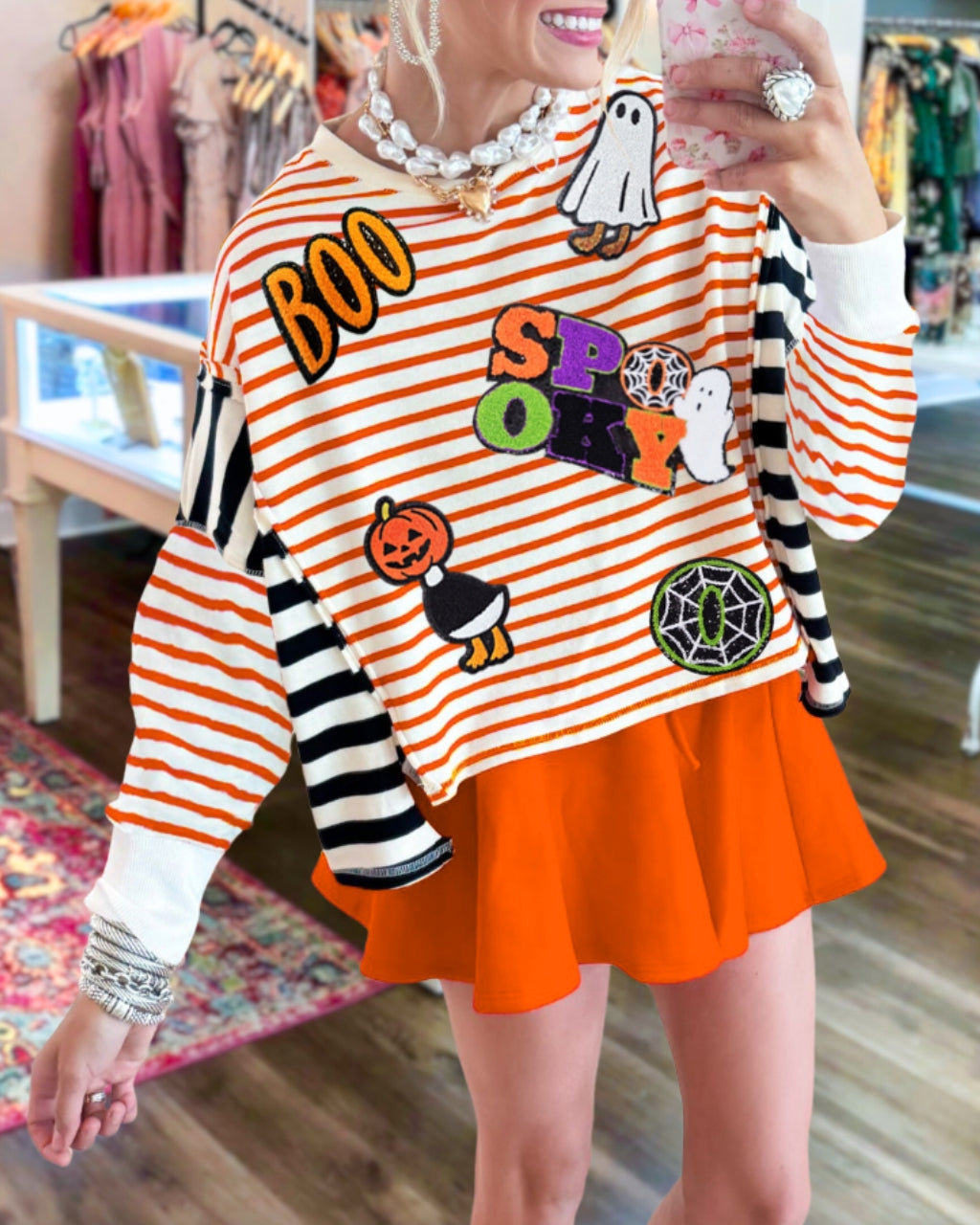 Lively Halloween Sequin Accent Striped Top