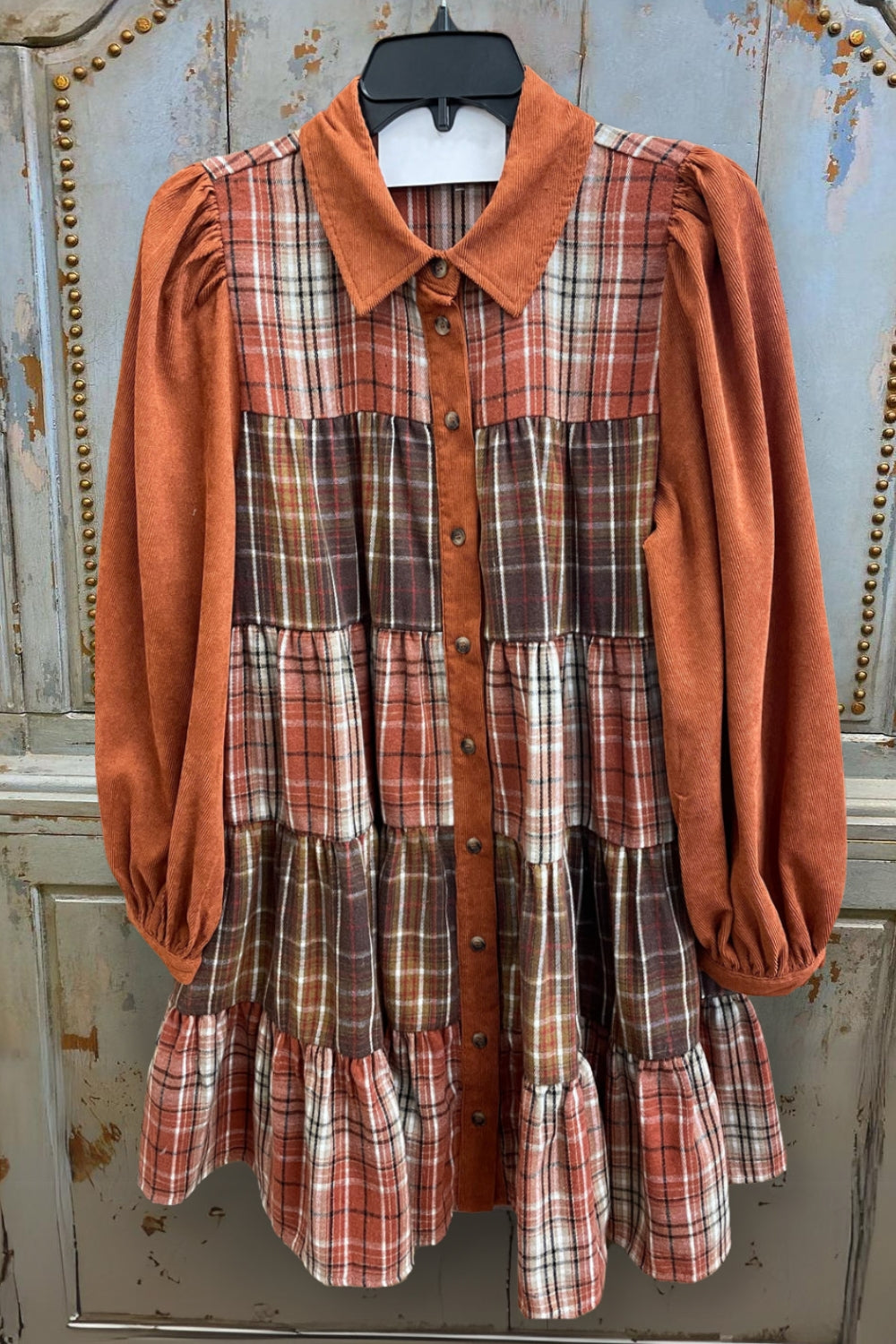 Corduroy Plaid Tiered Dress