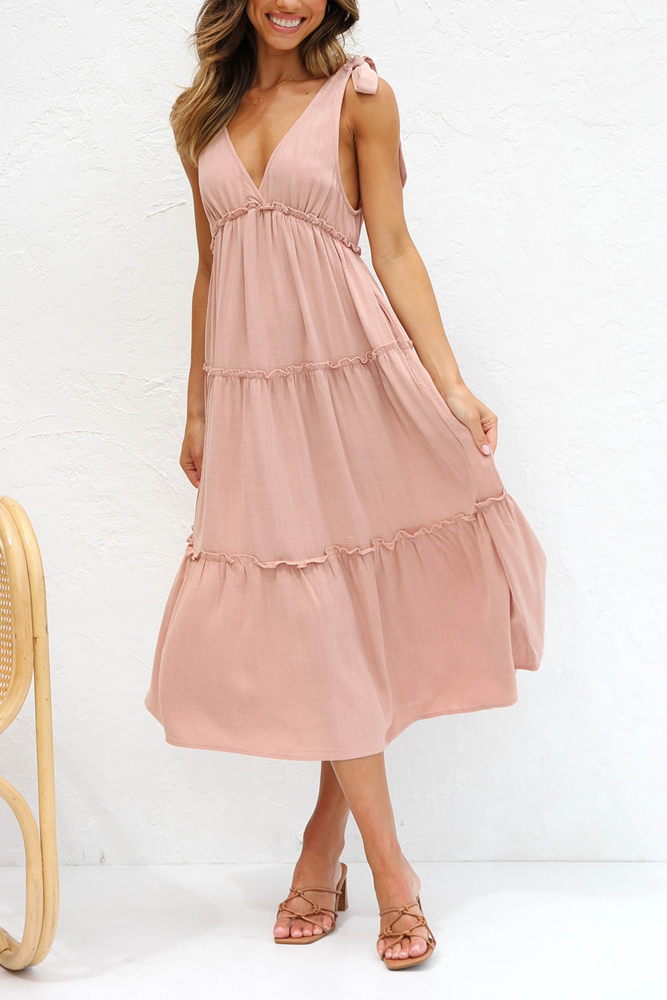 Elegant Linen V-Neck Tie Dress