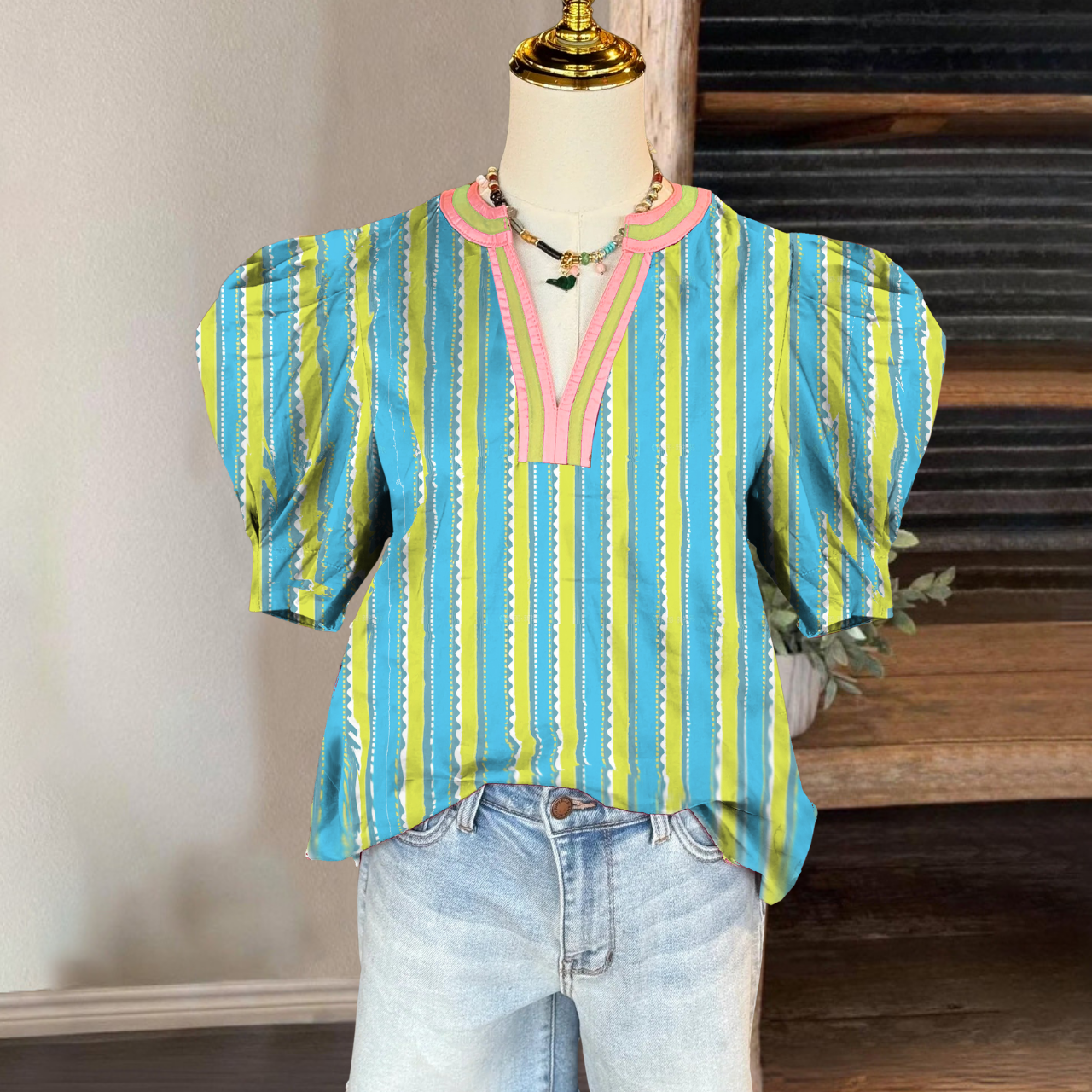 Chic Striped Puff Sleeve Top