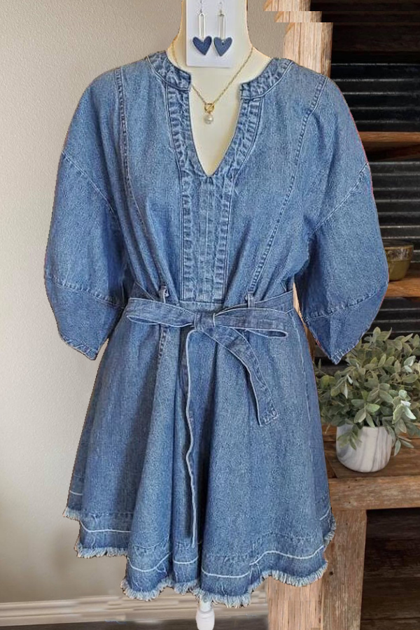 V-neck Belted Denim Dress