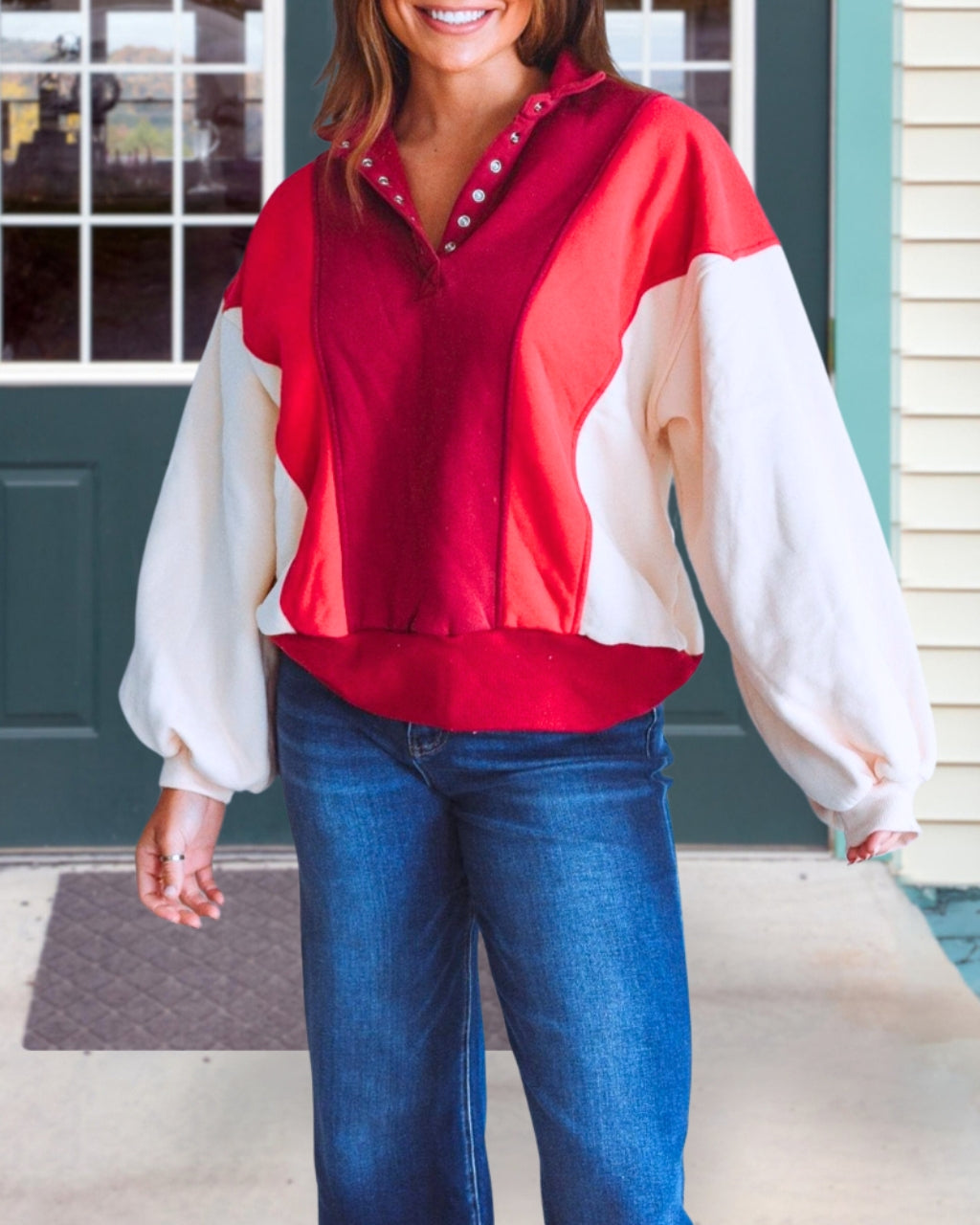 Chic Button Accent Colorblock Sweatshirt